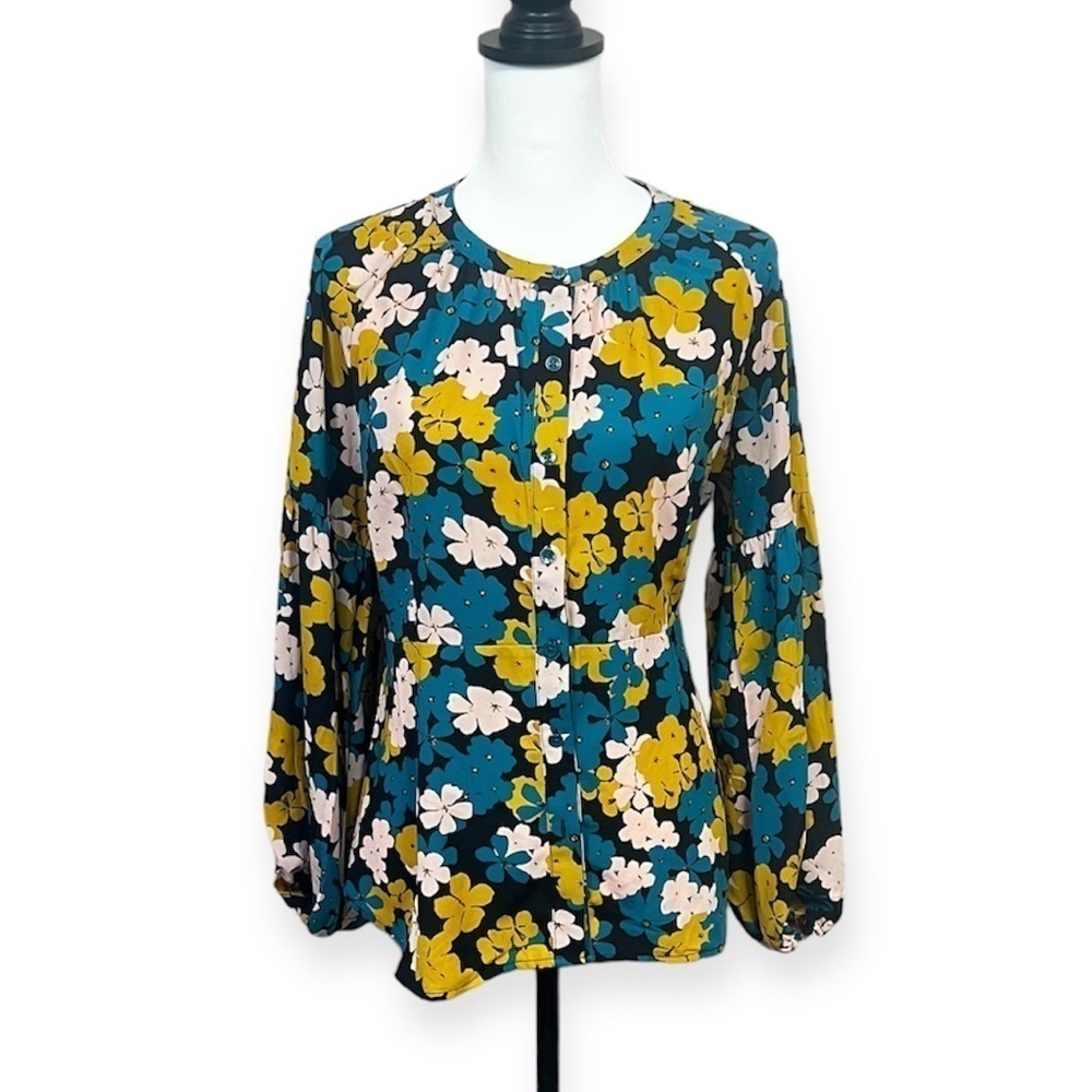 CAbi  Floral Gold Teal Button Up Blouse Size S BOHO Chick Career Business